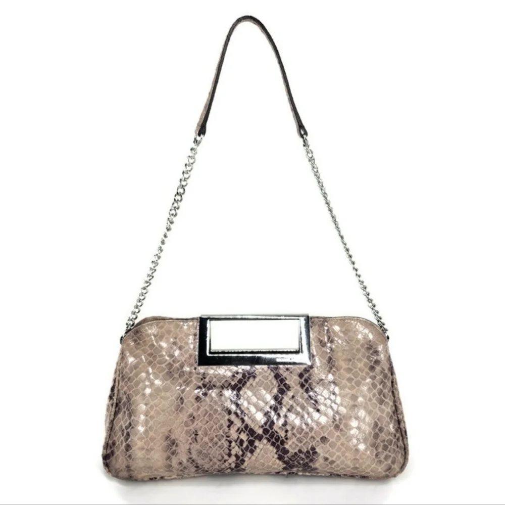 Michael Kors Berkley Pearl Grey & Cream Python Leather Clutch Or Shoulder Bag - Picture 1 of 16